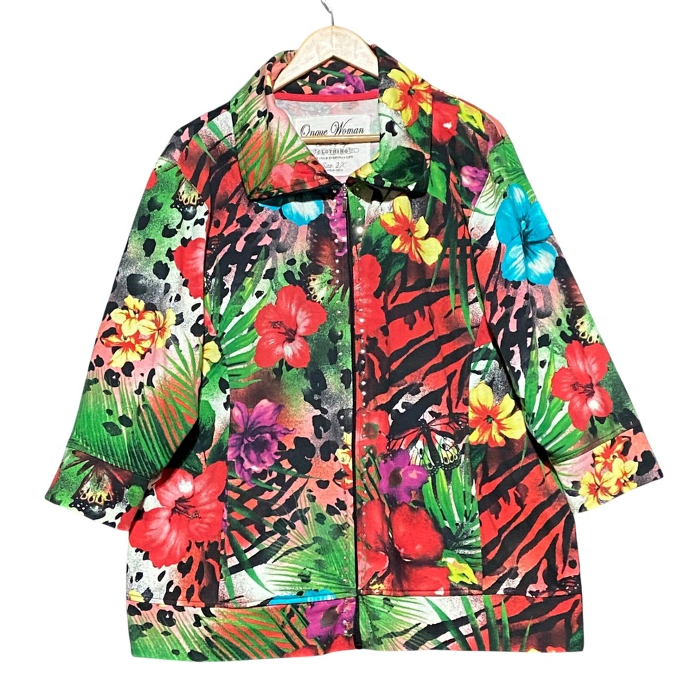 Onque Woman Women's 2X Tropical Floral Animal Print Zip Up Cotton Jacket Multi